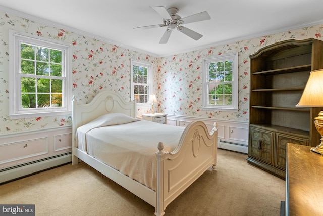 96 Karen Rd, Holland, PA 18966 - bedroom with wallpapered walls, ornamental molding, multiple windows, a baseboard radiator, and light colored carpet