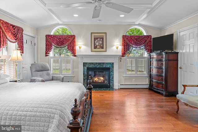 96 Karen Rd, Holland, PA 18966 - bedroom with a baseboard radiator, wood finished floors, beam ceiling, a fireplace, and recessed lighting