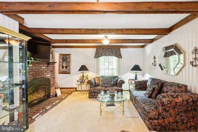 3851 Fawn Ln, White Plains, MD 20695 - carpeted living room featuring beamed ceiling and a fireplace