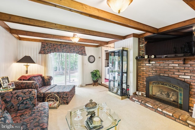 3851 Fawn Ln, White Plains, MD 20695 - carpeted living room featuring a brick fireplace and beamed ceiling