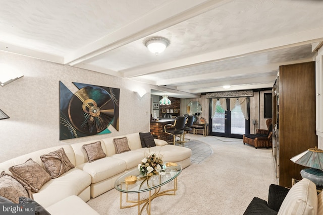 3851 Fawn Ln, White Plains, MD 20695 - carpeted living area with beam ceiling and bar area
