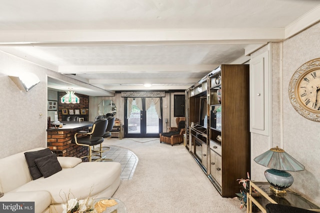3851 Fawn Ln, White Plains, MD 20695 - living room with light carpet and beamed ceiling