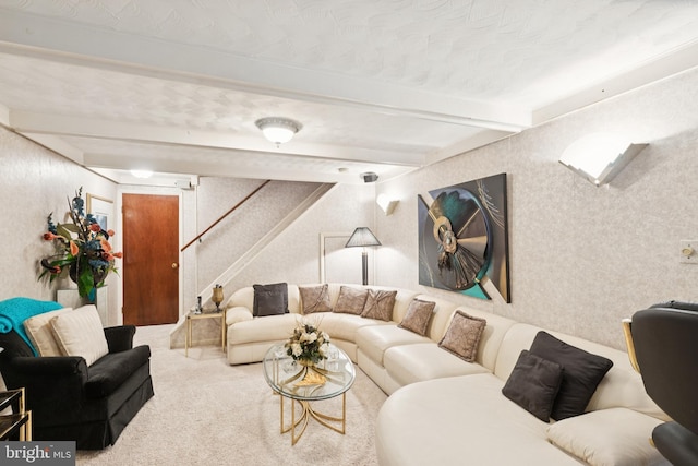 3851 Fawn Ln, White Plains, MD 20695 - carpeted living area featuring stairs and beam ceiling