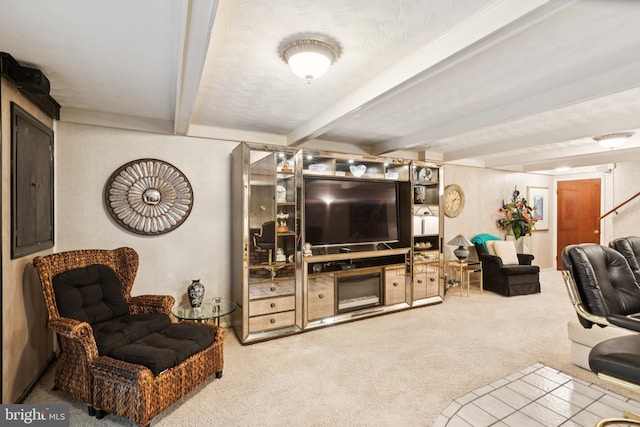 3851 Fawn Ln, White Plains, MD 20695 - living room featuring carpet and beam ceiling
