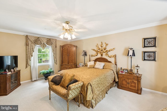 3851 Fawn Ln, White Plains, MD 20695 - bedroom featuring light colored carpet, ornamental molding, and a ceiling fan