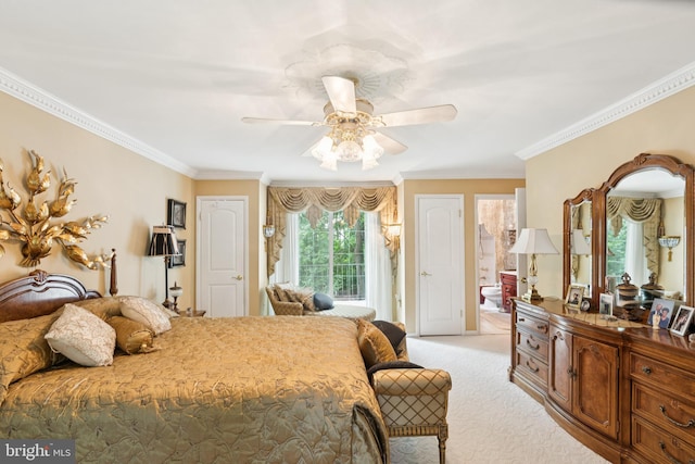 3851 Fawn Ln, White Plains, MD 20695 - bedroom featuring light carpet, crown molding, access to outside, a ceiling fan, and ensuite bath