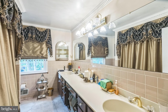 3851 Fawn Ln, White Plains, MD 20695 - full bath with tile walls, double vanity, crown molding, a wainscoted wall, and tile patterned floors