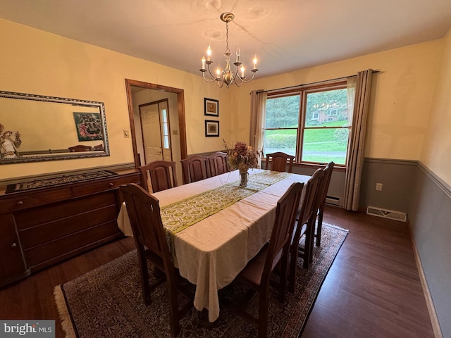 400 27th St, Huntingdon, PA 16652 - dining room featuring a chandelier, dark wood-type flooring, wainscoting, and baseboard heating