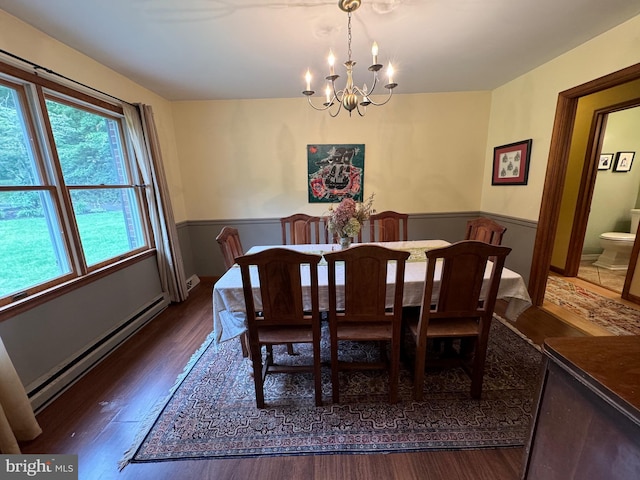400 27th St, Huntingdon, PA 16652 - dining room featuring baseboard heating, a chandelier, wood finished floors, and wainscoting