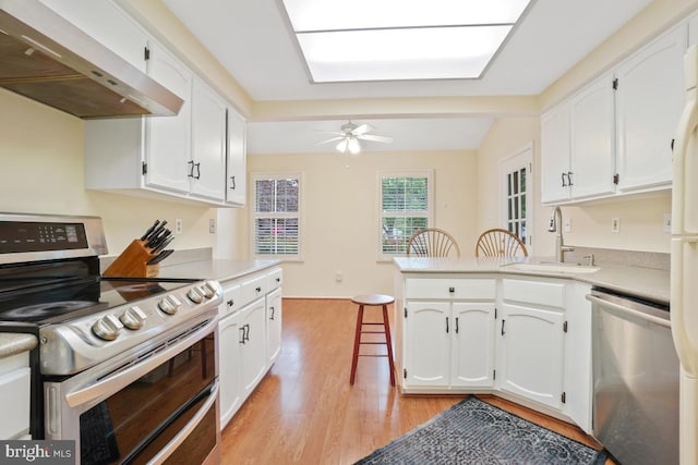 13 Gelding Ct, Olney, MD 20832 - kitchen featuring stainless steel appliances, under cabinet range hood, a peninsula, light wood-style floors, and white cabinetry