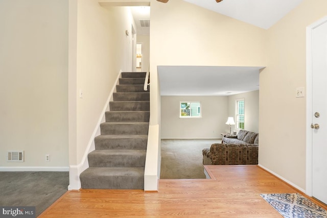 13 Gelding Ct, Olney, MD 20832 - stairway featuring wood finished floors, ceiling fan, and carpet