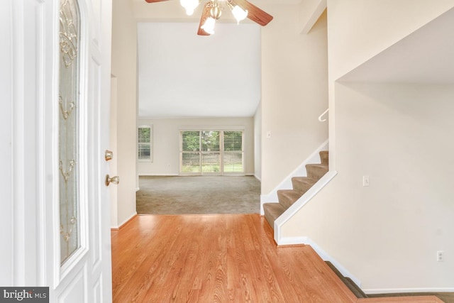 13 Gelding Ct, Olney, MD 20832 - entryway featuring stairway, ceiling fan, light wood-type flooring, and light carpet