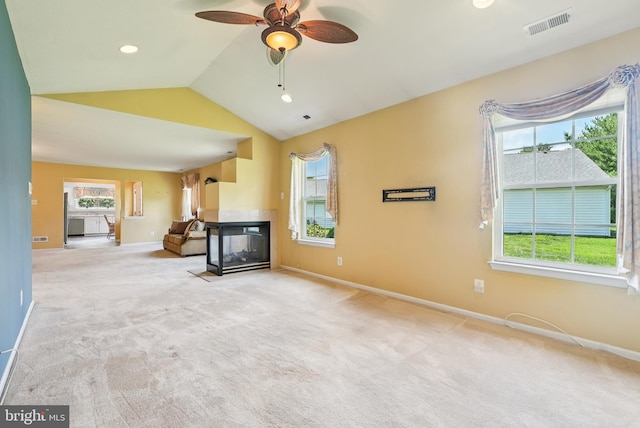110 Maple Leaf Cir, Sewell, NJ 08080 - unfurnished living room with a multi sided fireplace, lofted ceiling, a ceiling fan, carpet floors, and recessed lighting