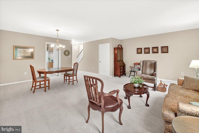 7504 Westlake Ter Unit 25, Bethesda, MD 20817 - living area with a chandelier, light carpet, and stairs