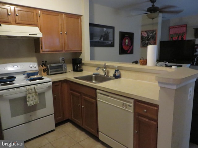 6915 Victoria Dr Unit C, Alexandria, VA 22310 - kitchen featuring white appliances, under cabinet range hood, a peninsula, a ceiling fan, and light countertops