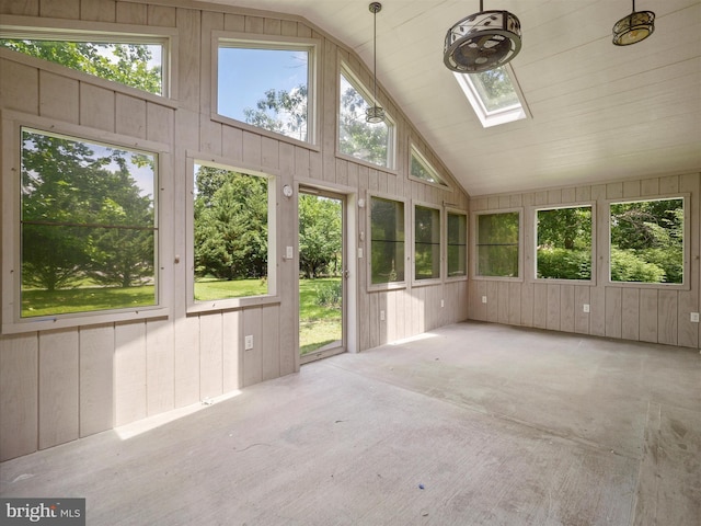 258 Merrimack, Falling Waters, WV 25419 - unfurnished sunroom with a skylight, wooden walls, and high vaulted ceiling