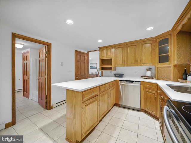 258 Merrimack, Falling Waters, WV 25419 - kitchen with appliances with stainless steel finishes, a baseboard heating unit, a peninsula, light tile patterned floors, and glass insert cabinets