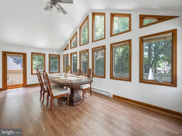 258 Merrimack, Falling Waters, WV 25419 - dining area with a baseboard heating unit, high vaulted ceiling, plenty of natural light, and wood finished floors