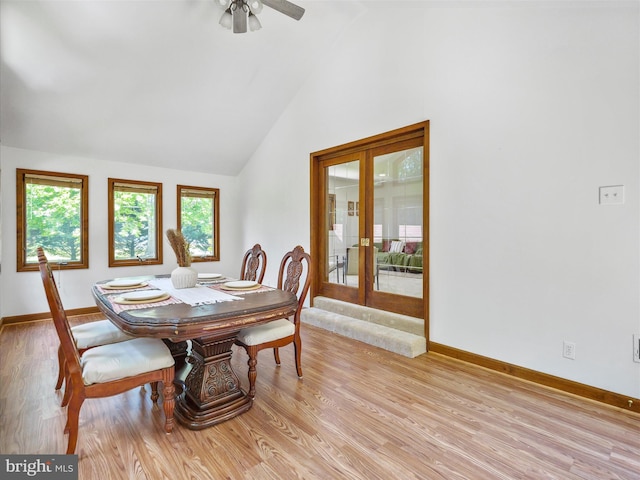 258 Merrimack, Falling Waters, WV 25419 - dining area featuring french doors, vaulted ceiling, light wood-style floors, and a ceiling fan
