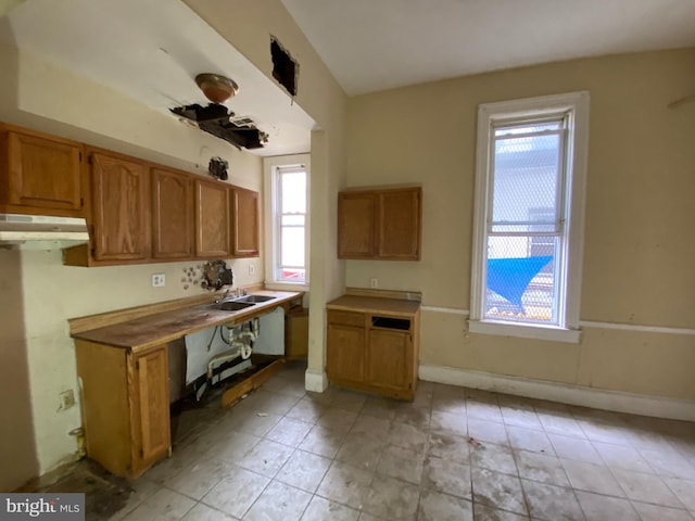 2110 N Charles St N, Baltimore, MD 21218 - kitchen featuring under cabinet range hood, brown cabinetry, and light tile patterned flooring
