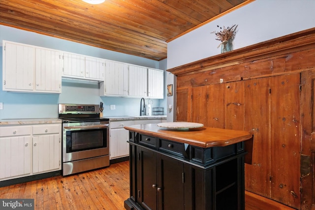 1430 S Old Bethlehem Pike, Quakertown, PA 18951 - kitchen with stainless steel electric range, light countertops, white cabinets, wooden ceiling, and dark cabinets