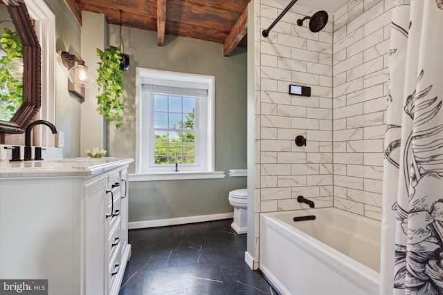 1430 S Old Bethlehem Pike, Quakertown, PA 18951 - full bathroom featuring vanity, shower / bath combo, a wood ceiling with exposed beams, and stone finish flooring