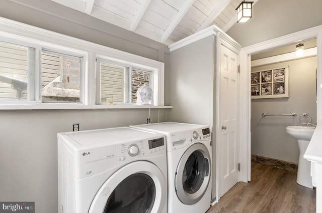 33 Waverly Rd, Wyncote, PA 19095 - washroom featuring independent washer and dryer, wood ceiling, and wood finished floors