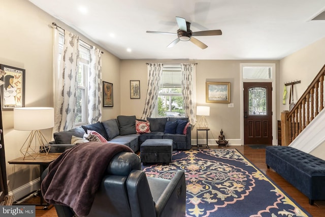 33 Waverly Rd, Wyncote, PA 19095 - living area featuring a ceiling fan, wood finished floors, and stairs