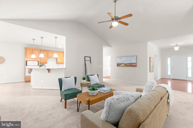 4049 Chatham Dr, King George, VA 22485 - living room with light colored carpet, lofted ceiling, and a ceiling fan