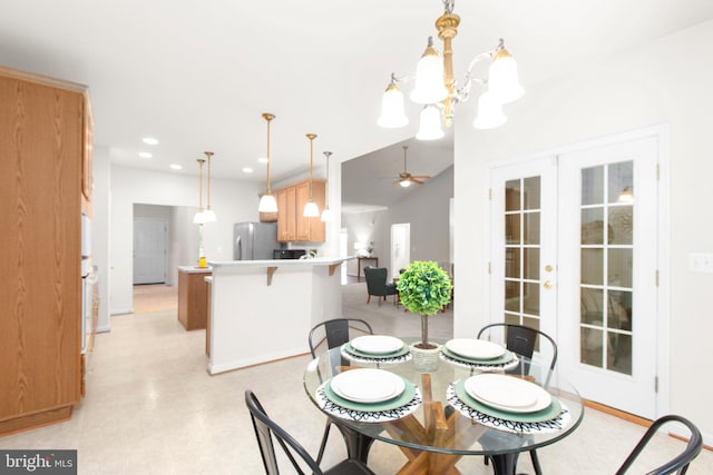 4049 Chatham Dr, King George, VA 22485 - dining area featuring french doors, a chandelier, recessed lighting, a ceiling fan, and light flooring
