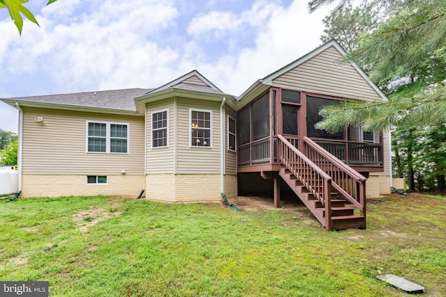 4049 Chatham Dr, King George, VA 22485 - rear view of property with a sunroom, a lawn, stairway, and a shingled roof