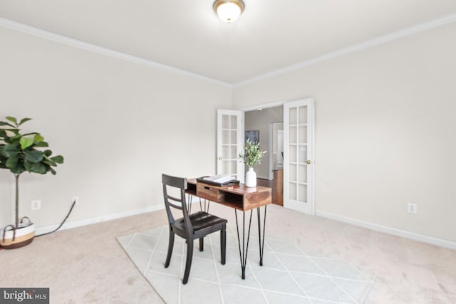 4049 Chatham Dr, King George, VA 22485 - dining space featuring french doors, carpet flooring, ornamental molding, and a desk