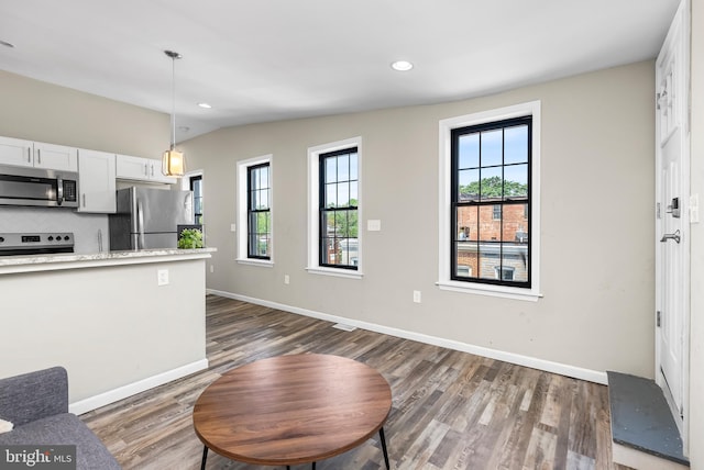 1001 S Carey St, Baltimore, MD 21223 - kitchen with appliances with stainless steel finishes, wood finished floors, recessed lighting, white cabinets, and decorative light fixtures