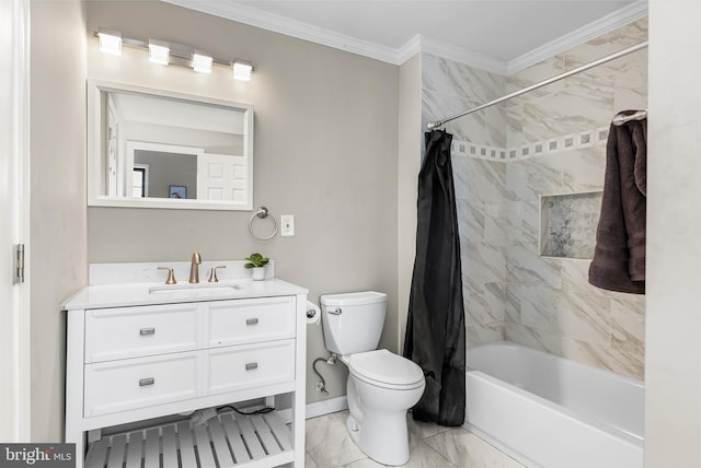 1001 S Carey St, Baltimore, MD 21223 - bathroom featuring vanity, shower / bath combo, ornamental molding, and marble look tile flooring