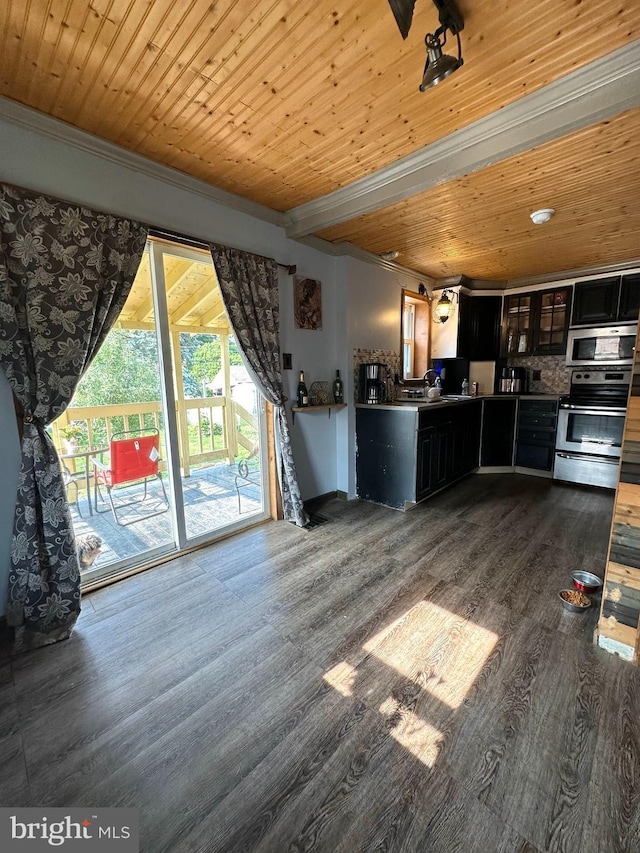 2221 Lincoln Ave, Reading, PA 19609 - kitchen featuring appliances with stainless steel finishes, dark wood-style flooring, wooden ceiling, dark cabinetry, and crown molding