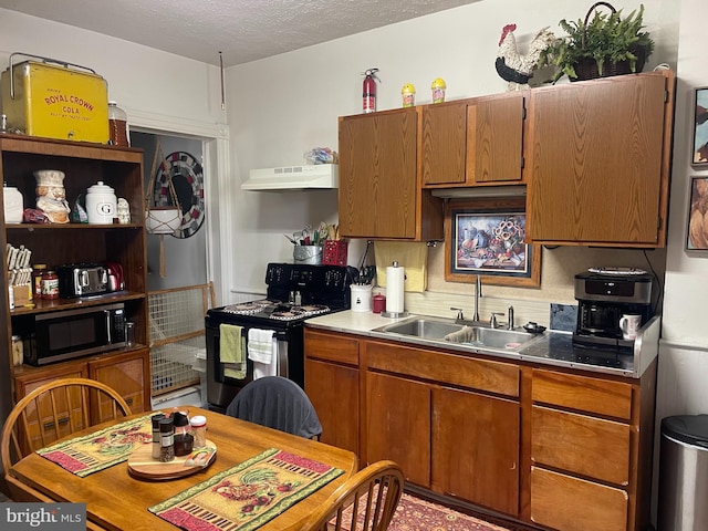 215 E Offutt St, Cumberland, MD 21502 - kitchen featuring under cabinet range hood, stainless steel microwave, range, brown cabinets, and a textured ceiling