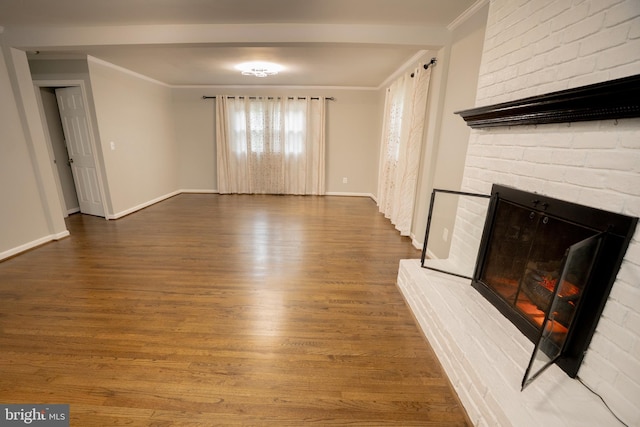 10 Kilkea Ct, Nottingham, MD 21236 - unfurnished living room featuring a brick fireplace, ornamental molding, and wood finished floors