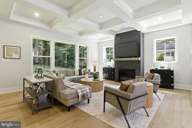 8202 Mockingbird Dr, Annandale, VA 22003 - living room with light wood-style flooring, beam ceiling, a large fireplace, healthy amount of natural light, and coffered ceiling