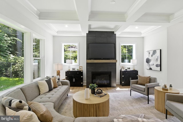 8202 Mockingbird Dr, Annandale, VA 22003 - living room featuring healthy amount of natural light, a large fireplace, light wood-style flooring, beamed ceiling, and coffered ceiling