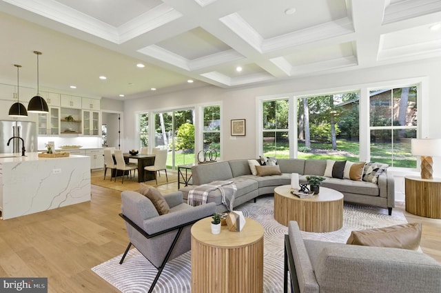8202 Mockingbird Dr, Annandale, VA 22003 - living room featuring coffered ceiling, beam ceiling, light wood-style floors, recessed lighting, and crown molding