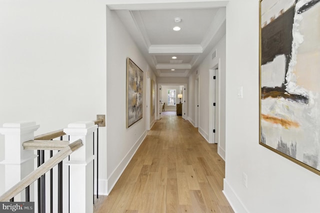 8202 Mockingbird Dr, Annandale, VA 22003 - corridor featuring light wood-style floors, ornamental molding, an upstairs landing, and recessed lighting