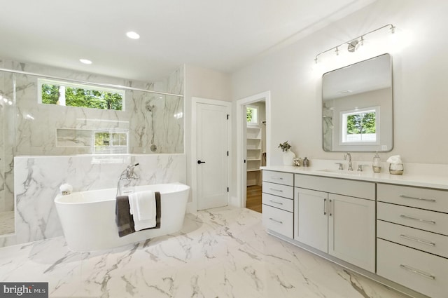 8202 Mockingbird Dr, Annandale, VA 22003 - full bath featuring a marble finish shower, vanity, a soaking tub, marble finish flooring, and recessed lighting