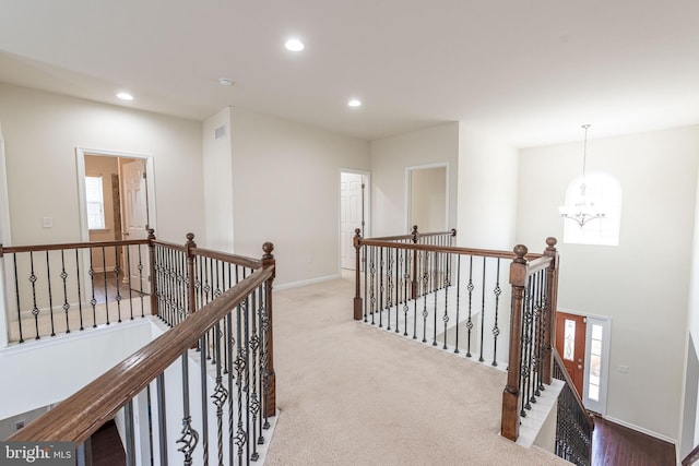 4251 Beech Dr, Nazareth, PA 18064 - hall with an upstairs landing, recessed lighting, a chandelier, and carpet