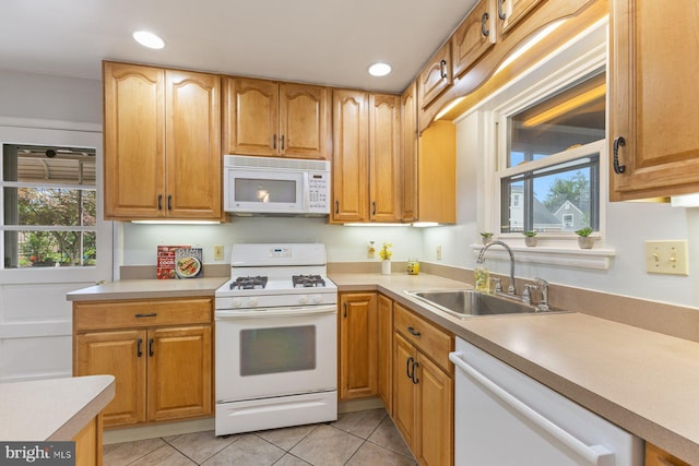 12703 Bluhill Rd, Silver Spring, MD 20906 - kitchen featuring white appliances, light tile patterned floors, light countertops, and recessed lighting