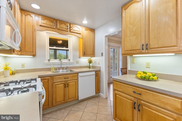 12703 Bluhill Rd, Silver Spring, MD 20906 - kitchen featuring white appliances, light countertops, light tile patterned flooring, and recessed lighting