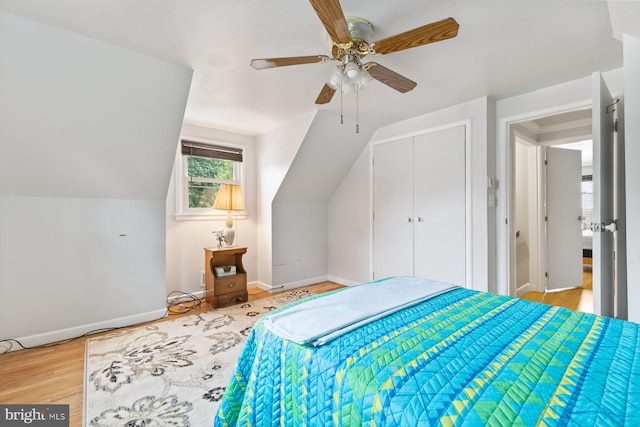 12703 Bluhill Rd, Silver Spring, MD 20906 - bedroom featuring light wood-type flooring, a ceiling fan, lofted ceiling, and a closet