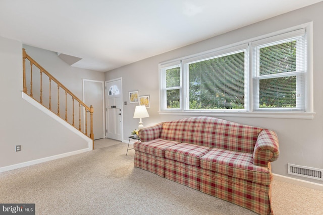 12703 Bluhill Rd, Silver Spring, MD 20906 - carpeted living area with stairway and baseboards