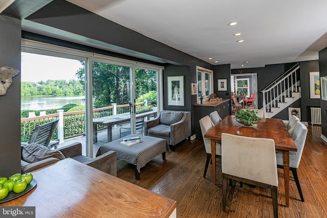 697 Prospect Ave, Princeton, NJ 08540 - dining room featuring stairs, recessed lighting, wood finished floors, and a water view