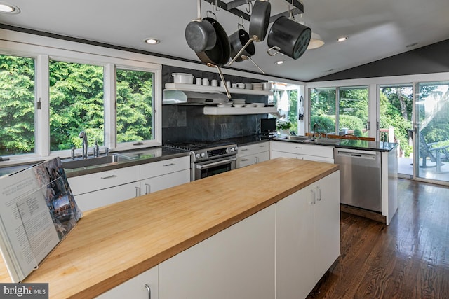 697 Prospect Ave, Princeton, NJ 08540 - kitchen featuring appliances with stainless steel finishes, butcher block counters, white cabinetry, plenty of natural light, and lofted ceiling