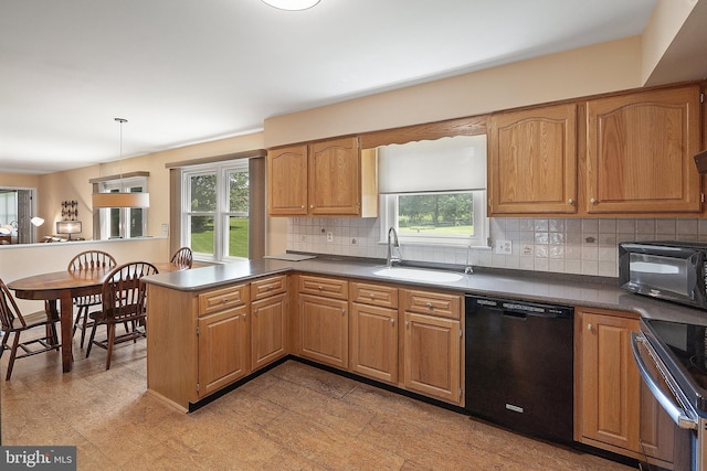 28 Amherst Way, West Windsor, NJ 08550 - kitchen with black dishwasher, electric stove, a peninsula, tasteful backsplash, and dark countertops